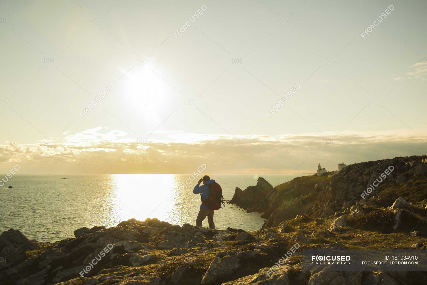 France Bretagne Camaret Sur Mer Mature Man Hiking At Atlanic Coast