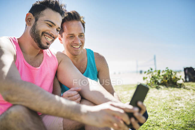 Gay Couple Taking Selfie Sky Adults Stock Photo