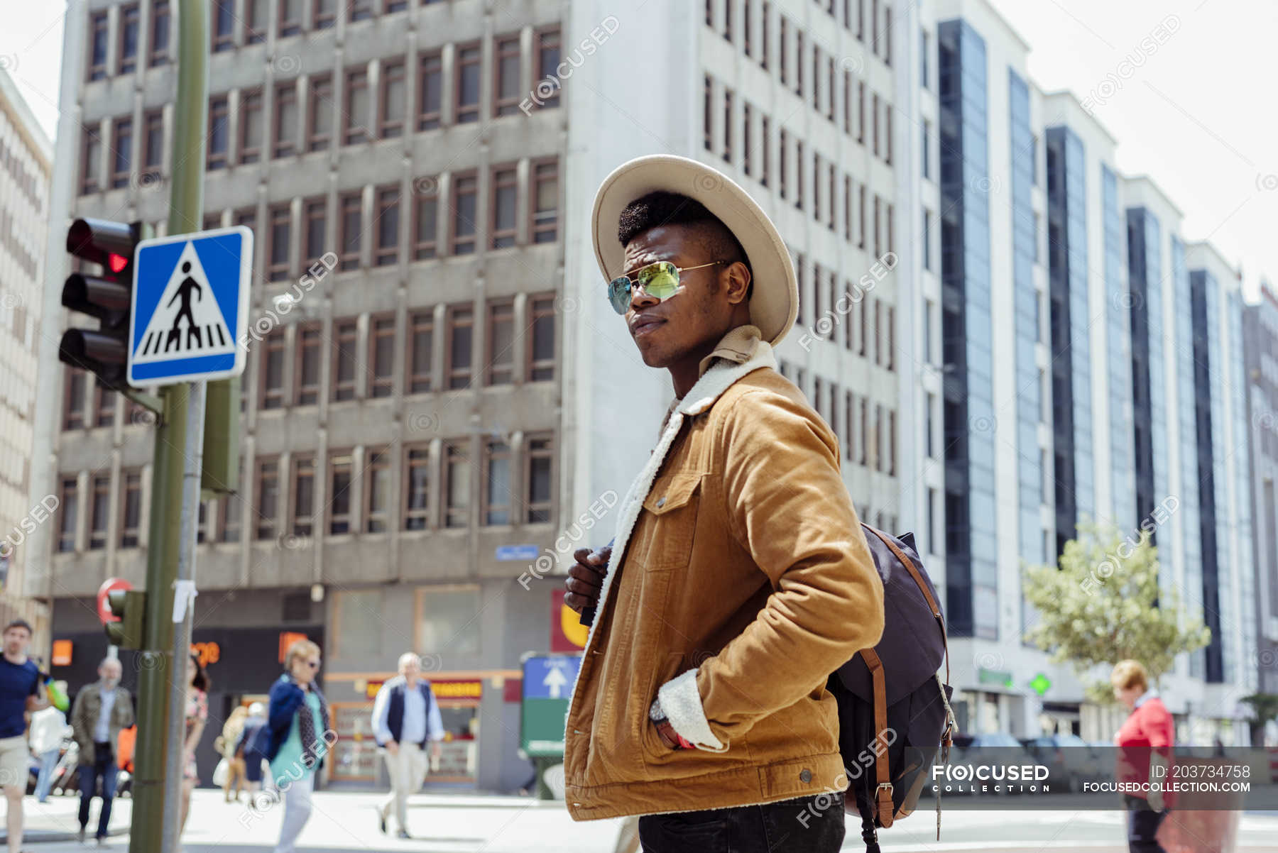 Black Man Walking On Street City Jacket Stock Photo 203734758