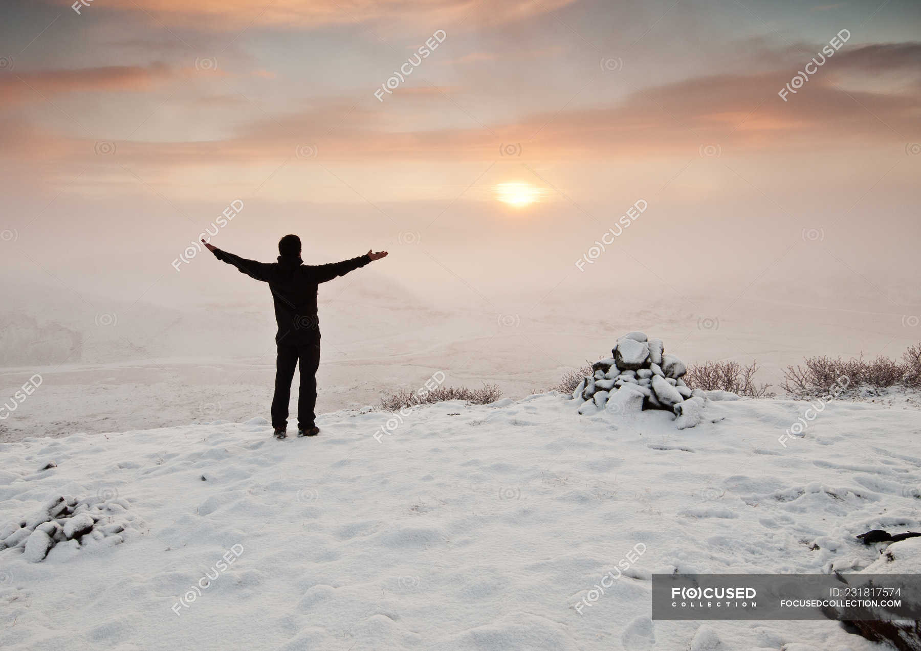 Rear View Of A Man Standing In Winter Landscape Iceland Remote