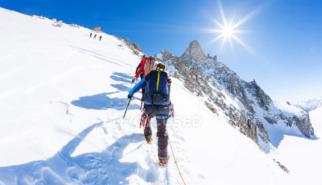 Альпинисты поднимаются на снежную вершину. В фоновом режиме знаменитый пик D — стоковое фото