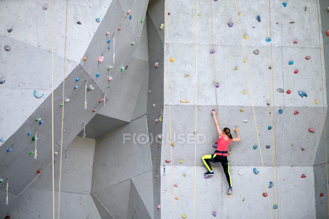 Hermosa joven mujer comienza a escalar gran pared artificial - foto de stock