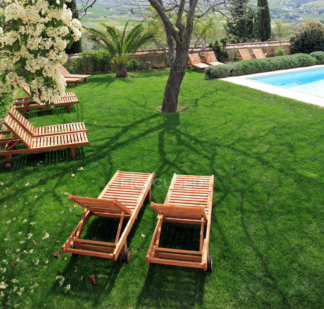 Lettini accanto ad una piscina in giardino — Foto stock