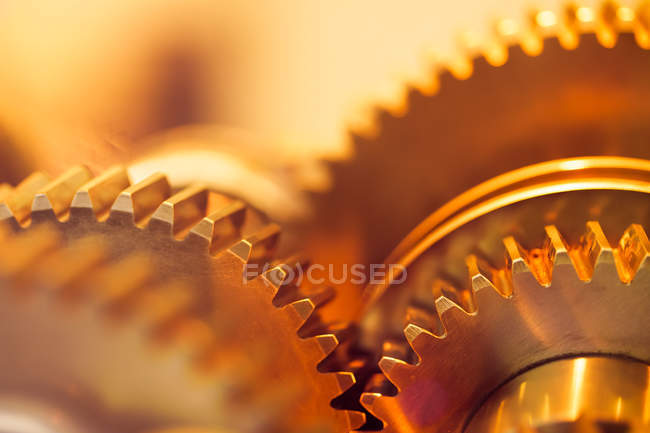 Golden gear wheels, close-up — Stock Photo