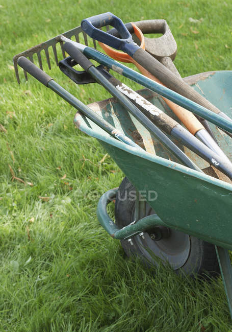 Ferramentas de jardinagem e carrinho de mão — Fotografia de Stock