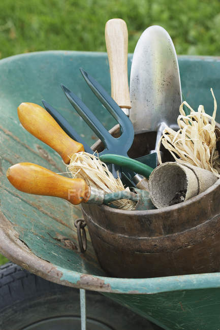 Carretilla con herramientas de jardinería - foto de stock