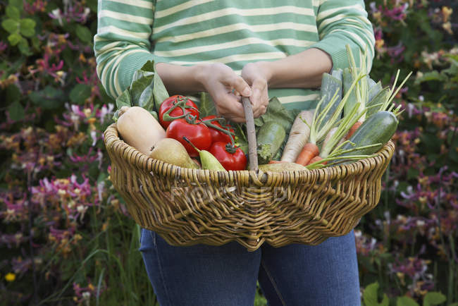 Woman holding fruits and vegetables — Stock Photo