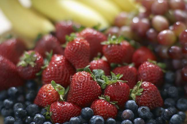 Blackberries, strawberries, grapes and bananas — Stock Photo