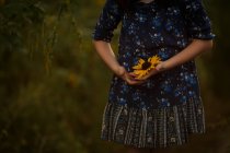 Girl holding sunflower in hands — Stock Photo