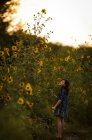 Брюнетка стоит рядом с цветущими подсолнухами — стоковое фото