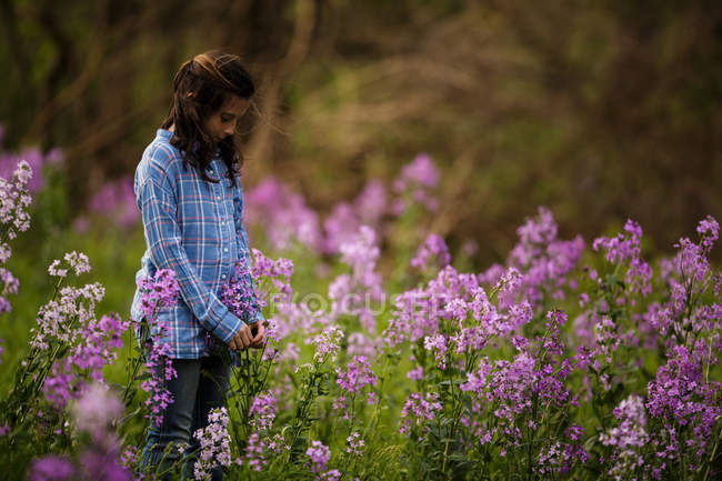 Hermosa chica en el prado verde con flores - foto de stock