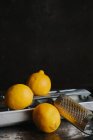 Stillleben von Zitronen und Reibe auf Eisschale — Stockfoto