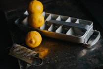 Bodegón de bandeja de hielo con limones y rallador - foto de stock