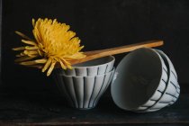 Yellow flower and spatula on ceramic tea bowls — Stock Photo