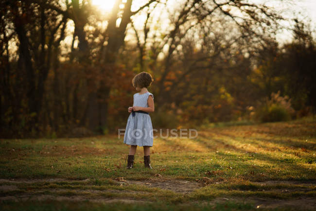 Little girl standing in autumn forest — Stock Photo