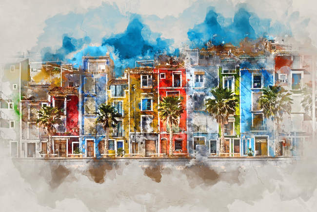 Pintura aquarela digital da cidade de Villajoyosa, Espanha — Fotografia de Stock