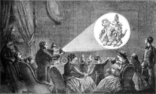 A magic lantern representation, vintage engraving. — Stock Photo