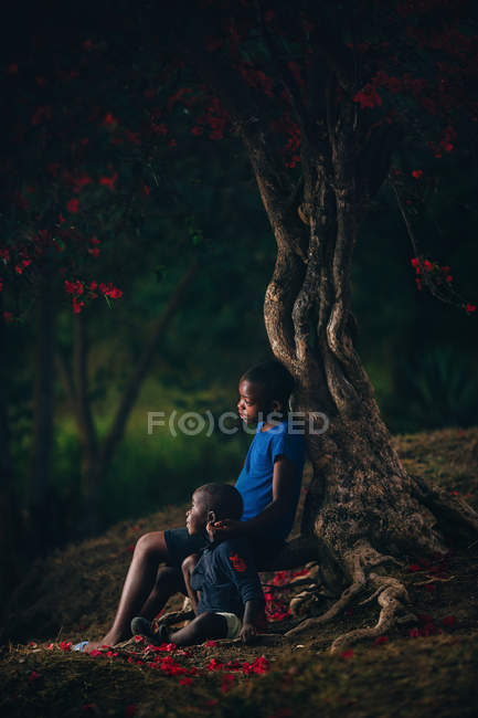 Niña y niño sentado bajo el árbol - foto de stock