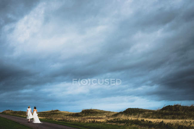 Casal lésbico amoroso andando na estrada, entre colinas, de mãos dadas. Casamento de casal gay, St Andrews, Escócia, Reino Unido, 2013 — Fotografia de Stock