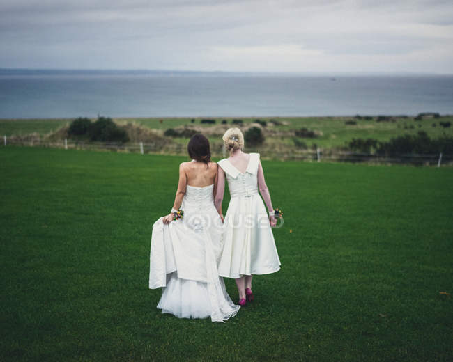 Amare coppia lesbica in piedi insieme, tenendosi per mano, vista posteriore. Matrimonio di coppia gay, Kinkell Byre, St Andrews, Scozia, Regno Unito, 2013 — Foto stock