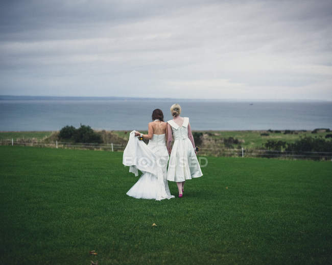 Loving lesbian couple standing together, holding hands, back view. Wedding of gay couple, Kinkell Byre, St Andrews, Scotland, United Kingdom, 2013 — Stock Photo