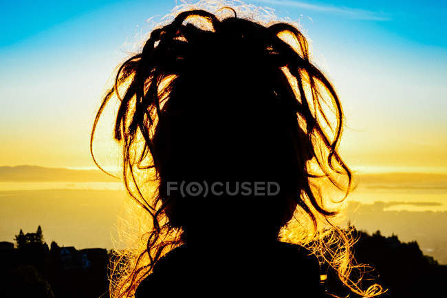 Fille avec updo dreadlocks sur coucher de soleil — Photo de stock