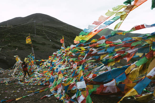 Banderas de oración cerca de un lugar sagrado - foto de stock