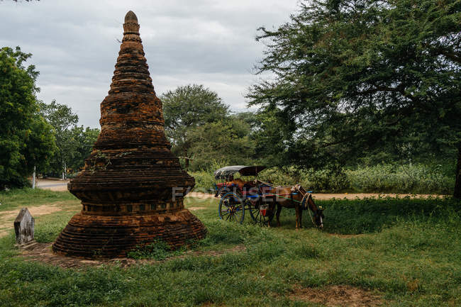 Voiture avec cheval devant l'ancien temple — Photo de stock