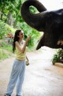 Donna che nutre elefante — Foto stock