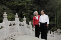 Couple aîné marchant sur le pont — Photo de stock