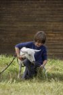 Localização menino e alimentação de cabra — Fotografia de Stock