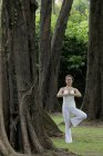 Mulher fazendo exercícios de ioga sob árvores — Fotografia de Stock