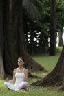 Женщина, занимающаяся йогой под деревьями — стоковое фото