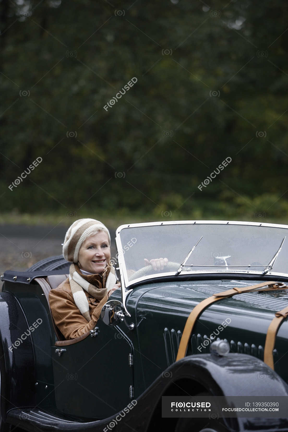 Senior Woman Driving Antique Car Smiling Waist Up Stock Photo 139350390