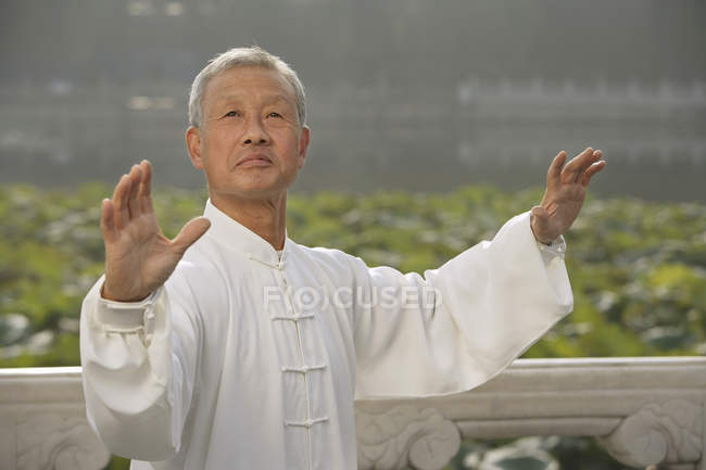 Hombre practica artes marciales chinas - foto de stock