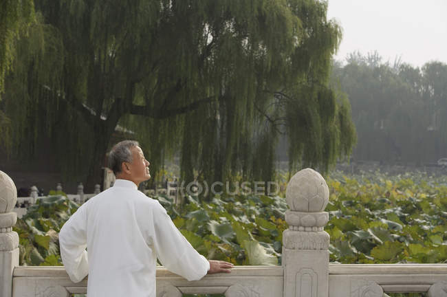 Old man leans on a railing — Stock Photo