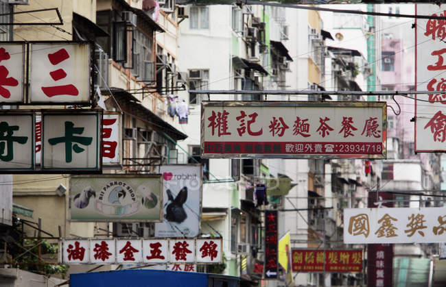 Chinese signs hanging above street — Stock Photo