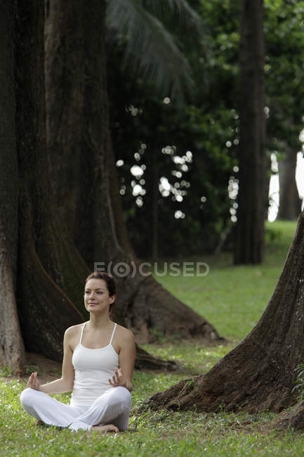 Femme faisant des exercices de yoga sous les arbres — Photo de stock