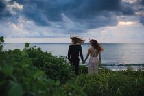 Rear view of young couple with hair in the wind standing on hill and holding hands — Stock Photo