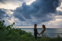 Vista lateral de pareja romántica joven tomados de la mano y mirándose mientras están en la colina junto al mar - foto de stock
