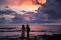 Вид сзади на молодую пару, держащуюся за руки и стоящую на пляже на фоне заката — стоковое фото