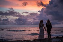 Rear view of young couple holding hands and standing on beach with sunset sky in background — Stock Photo