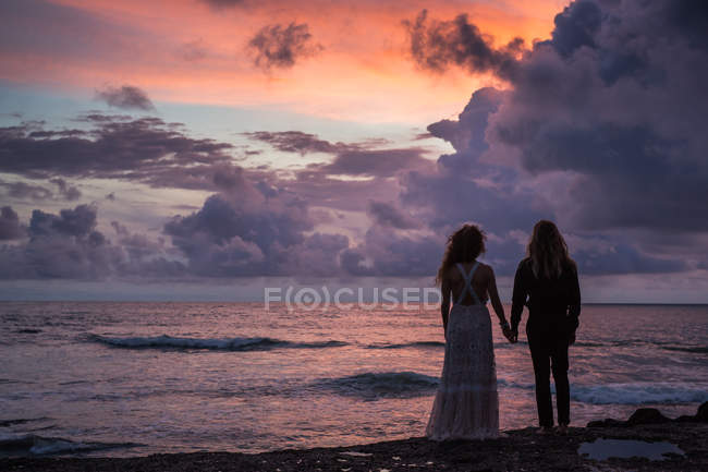 Vue arrière du jeune couple tenant la main et debout sur la plage avec le ciel couchant en arrière-plan — Photo de stock