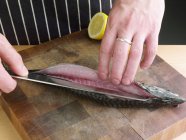 Mann schneidet Makrele mit Messer auf — Stockfoto