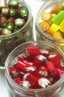 Closeup view of handmade Papabubble bonbons in jars — Stock Photo
