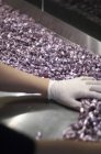 Cropped view of human hand in glove pulling candies on conveyor — Stock Photo