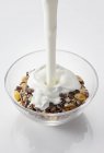 Joghurt wird über Müsli gegossen — Stockfoto