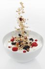 Muesli che cadono nello yogurt — Foto stock