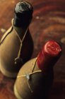 Vista close-up de duas garrafas de vinho velho — Fotografia de Stock
