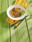 Elevated view of grilled turkey escalope with herb on plate — Stock Photo